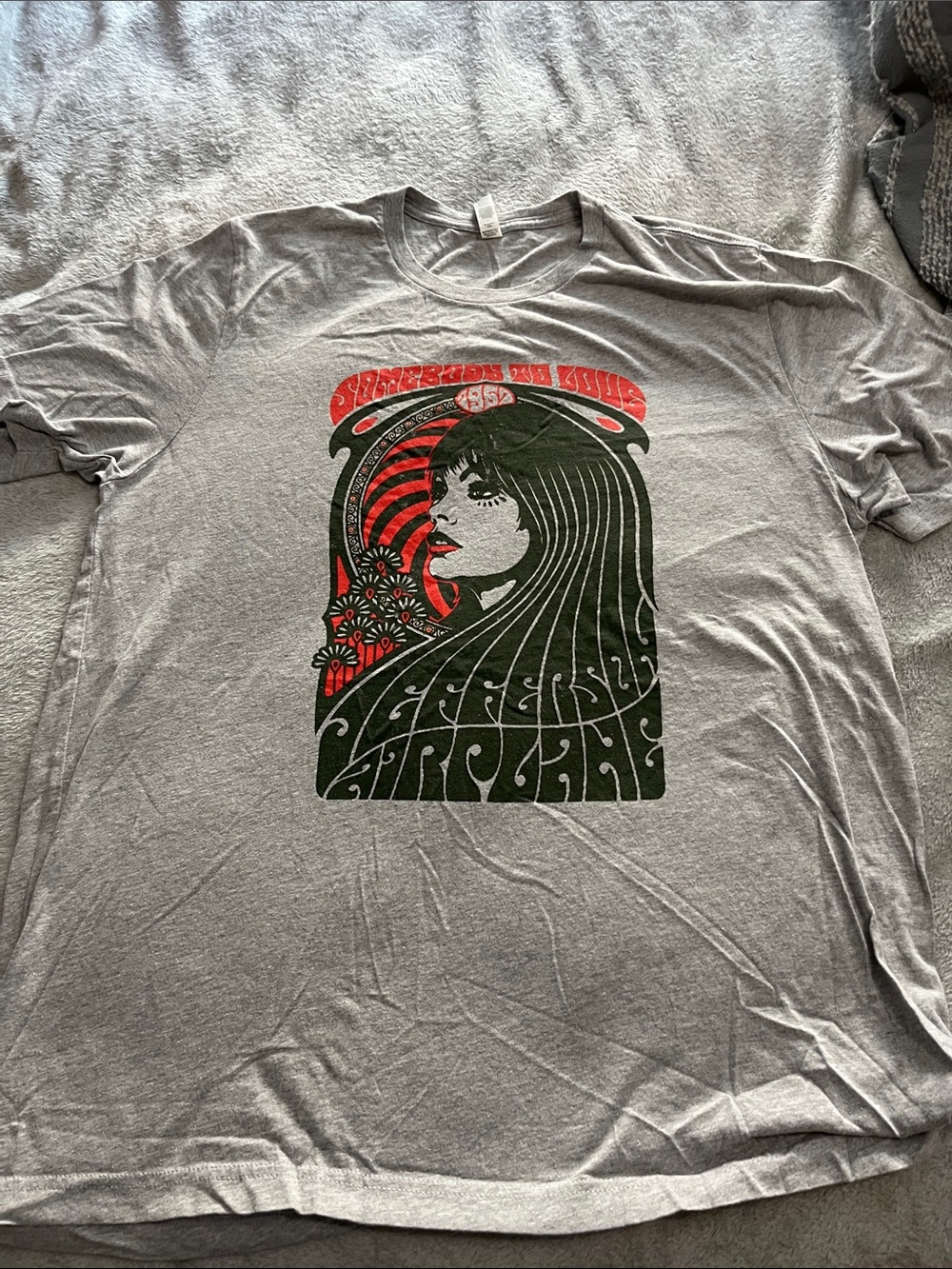 Gray Graphic unisex dope tee with Red & Black “somebody to love “